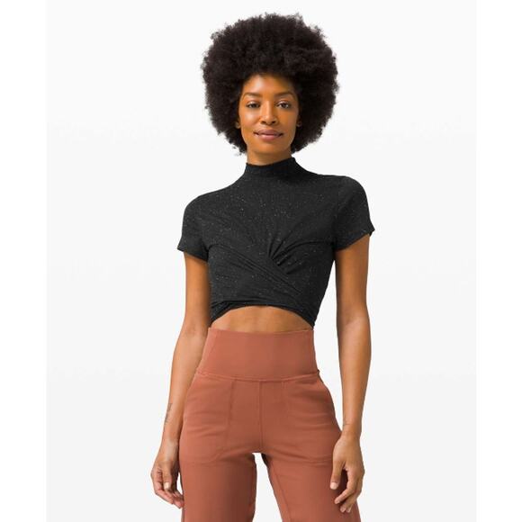 Lululemon Time to Restore Mock Neck Short Sleeve Tie Crop Black & White, Size 8 - Picture 1 of 8